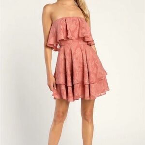 Lulus True Lover Strapless Mini Dress Pink Coral Floral Ruffle Size Small NWT